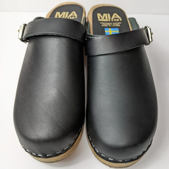 MIA 37 black leather Alma clog wood slip on harness buckle Swedish low heel - Picture 3 of 7